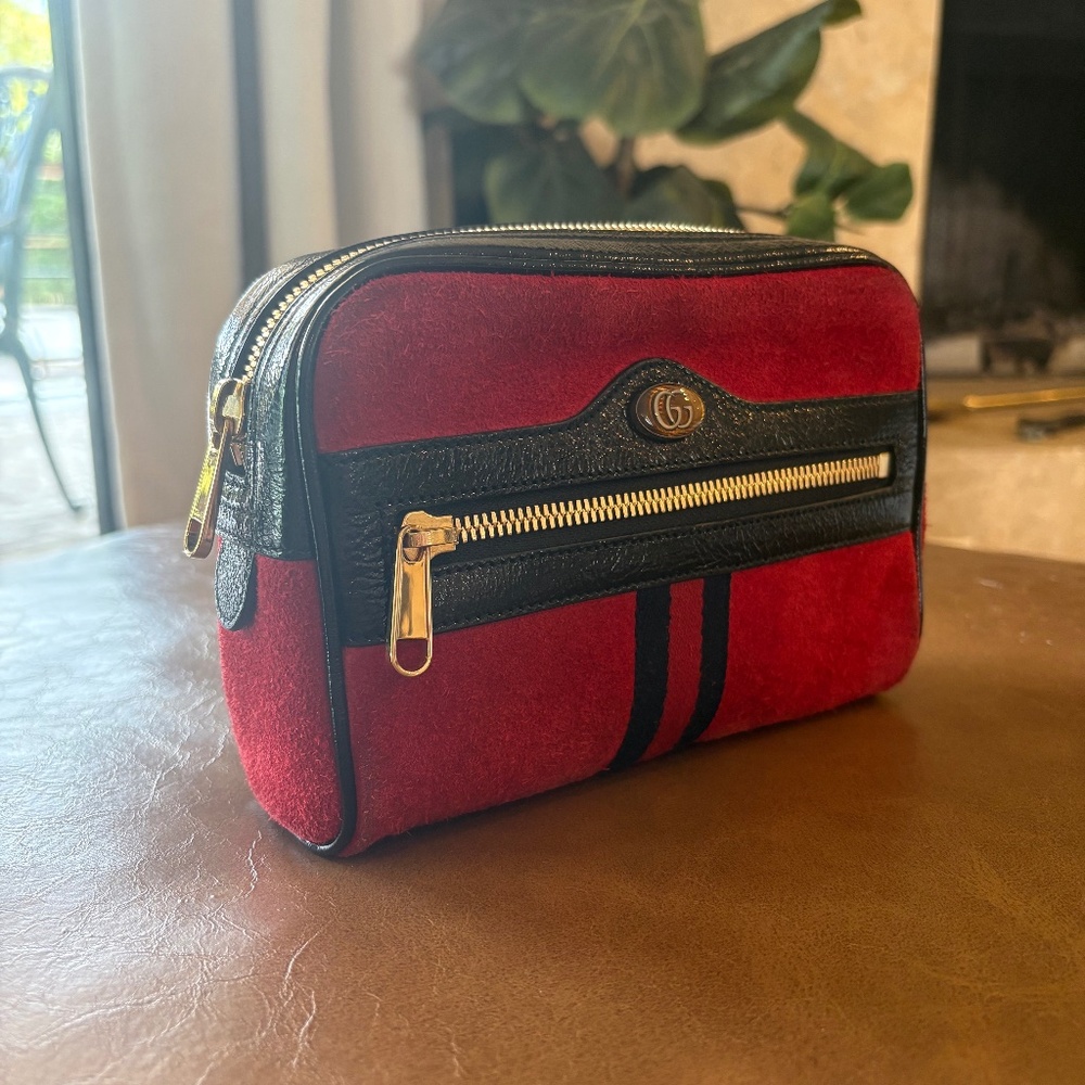 Gucci Red Suede cosmetic Bag pouch clutch Stripe